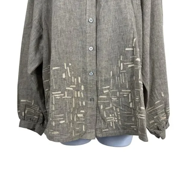 Poetry Top Womens 14 Tan Beige Linen Cotton Boxy Lagenlook Artsy Embroidered - Picture 3 of 14